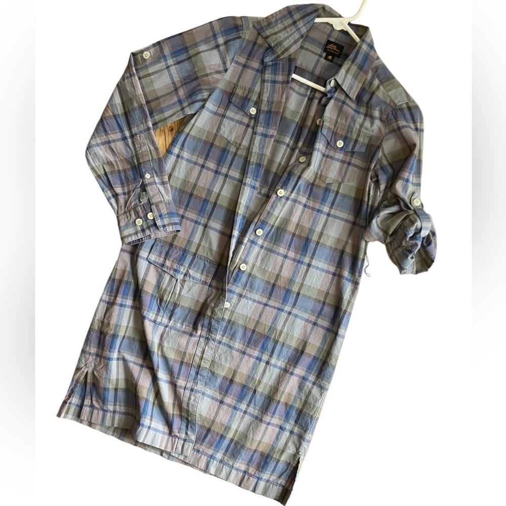 L.L.Bean 4P Cotton Blue Plaid Mini Shirt Dress
